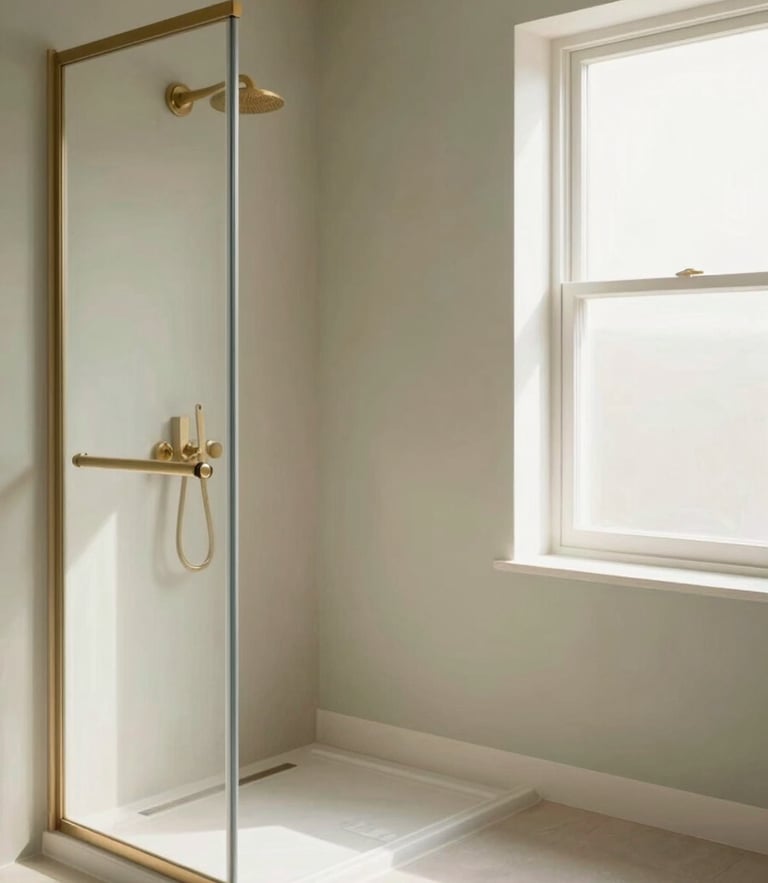 Warm editorial photography of a bright, light-filled bathroom with a sleek walk-in shower, elegant light oak accents, a minimalist sage green wall, and a subtle matte-gold safety bar under soft morning window light.