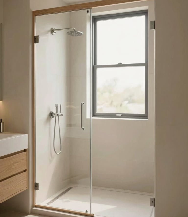 Bright modern bathroom interior, elegant walk-in shower with light oak accents, soft natural window light, warm editorial photography