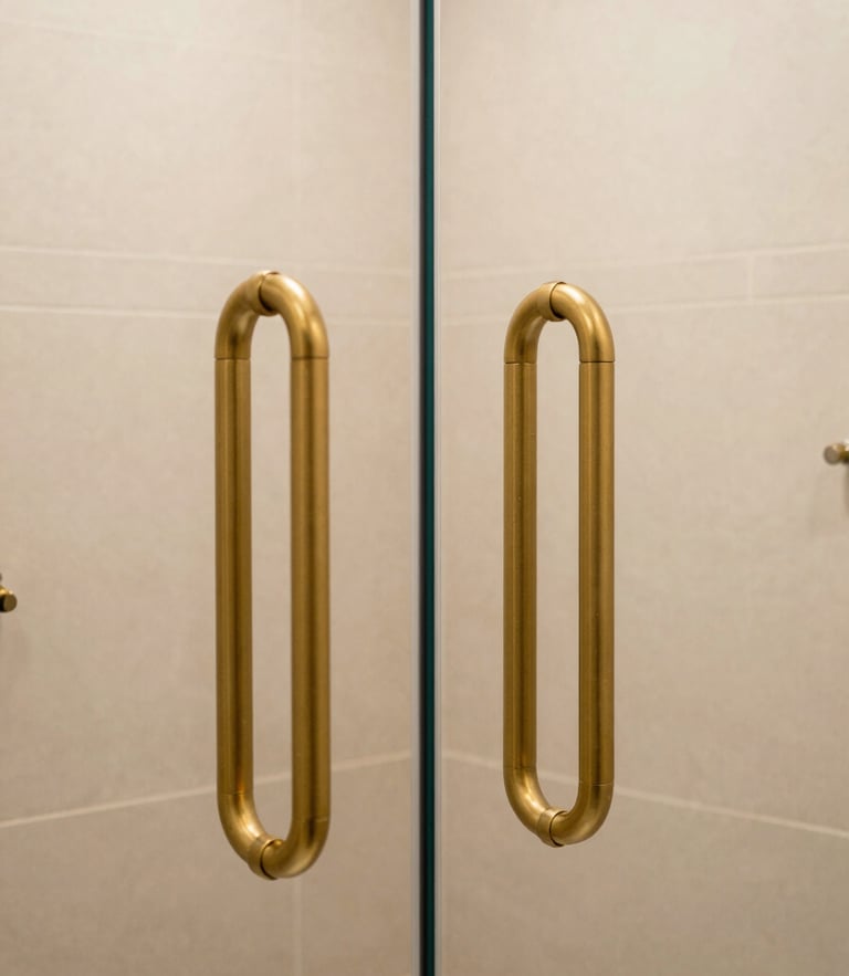 Warm editorial photography of an elegant walk-in shower with matte gold grab bars, natural daylight, beige tiles, and high-contrast details, 35mm