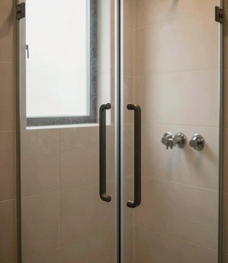 Elegant modern walk-in shower with matte grab bars, warm beige tiles, soft daylight coming from a window, high-contrast editorial photography, 35mm