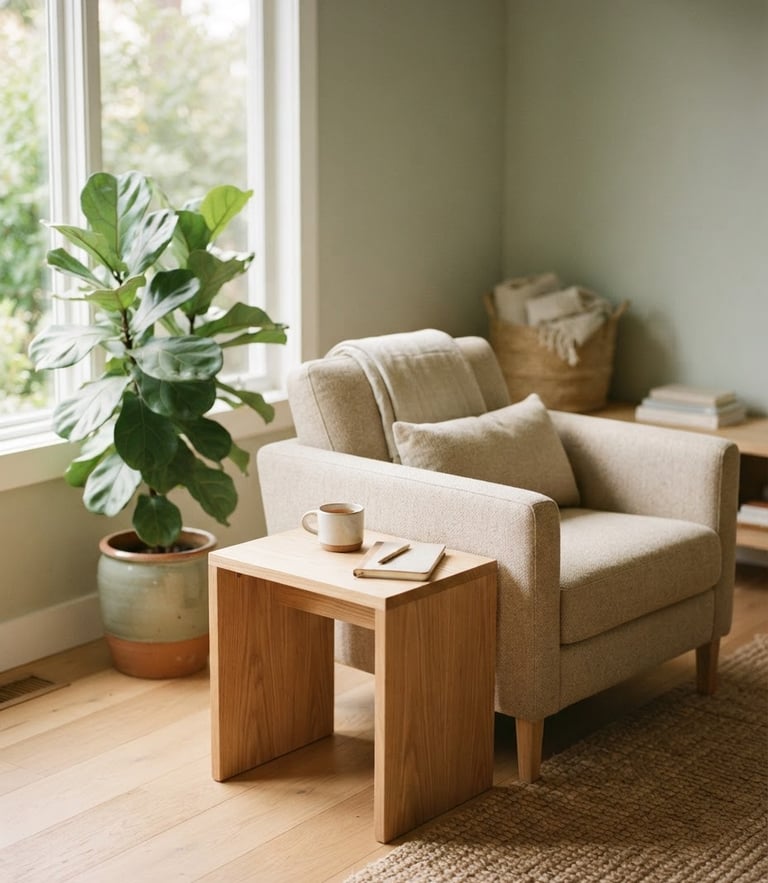 Soft sunlit therapy room with natural wood and a green plant, warm minimalist editorial photography, shallow depth of field