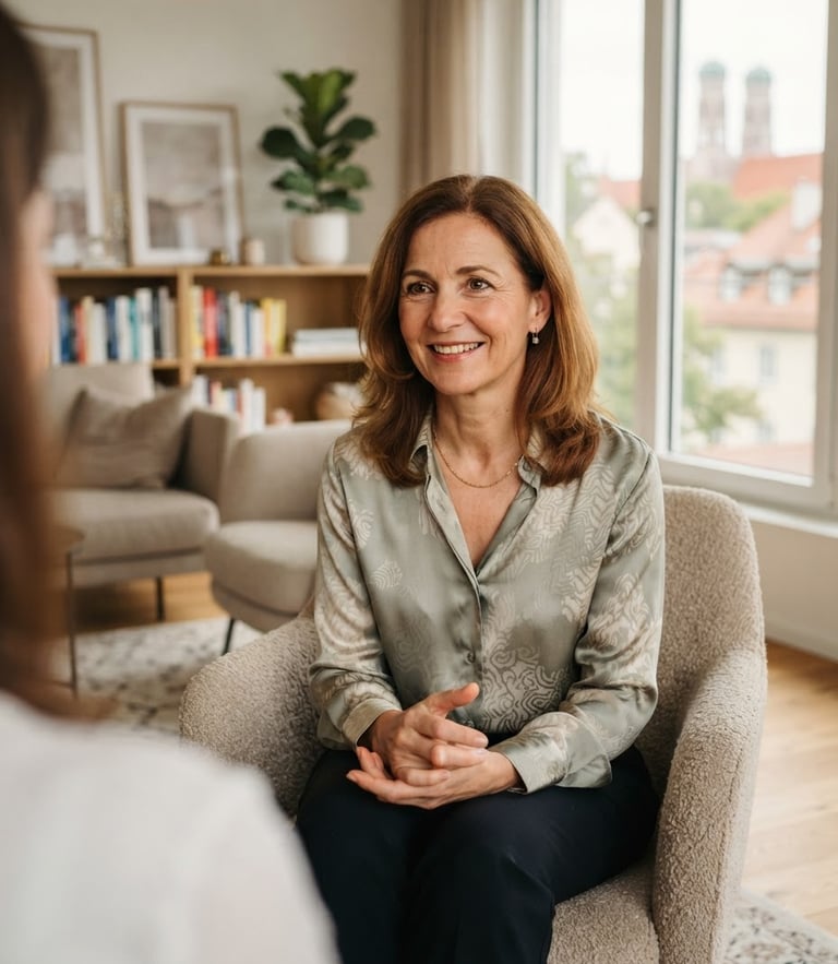 Warm editorial portrait of a female psychotherapist in a sunlit, modern Munich office, soft natural daylight, shallow depth of field