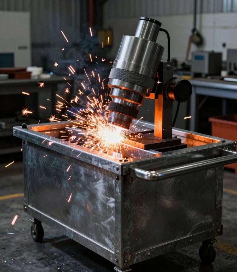 Dramatic high-contrast workshop photography, a raw steel food cart chassis under welding sparks, safety-orange glow, sharp 35mm lens