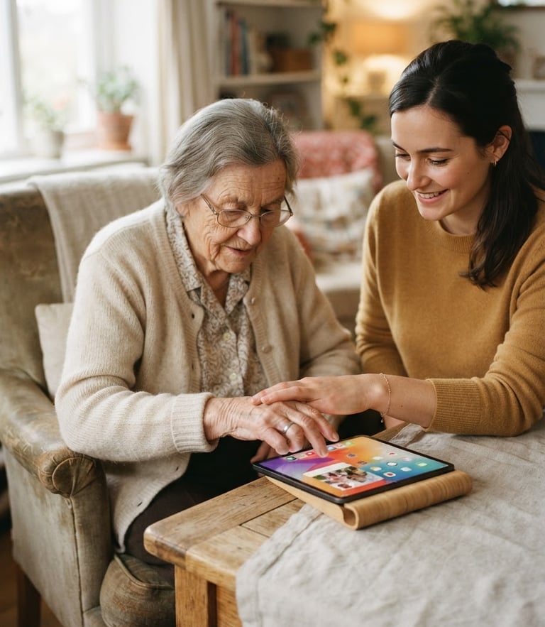 Warm editorial photography of a patient helper gently guiding an elderly woman's hand on a tablet screen, soft natural indoor lighting, warm cream tones, 35mm lens
