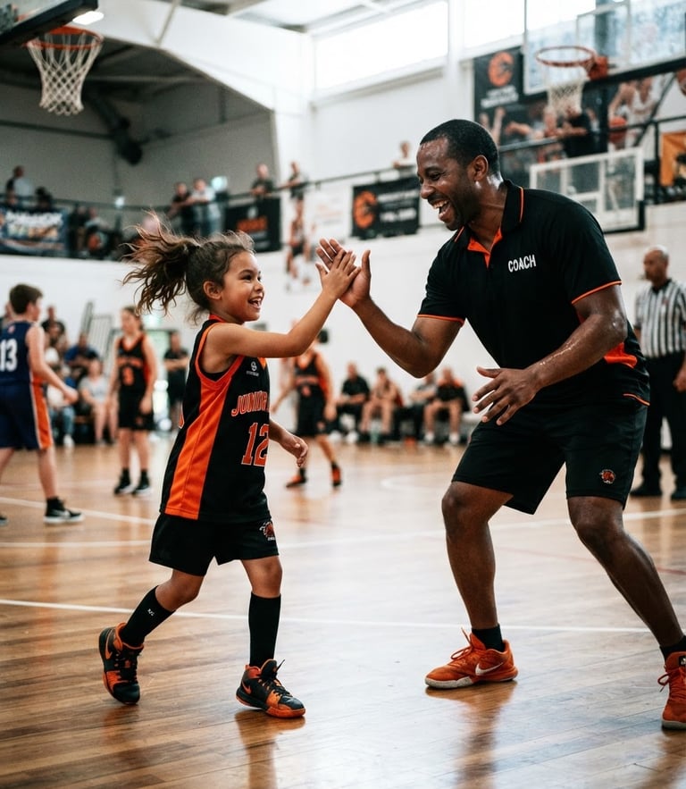 Dynamic low-angle action shot of a volunteer coach high-fiving a young basketball player on an indoor court, dramatic lighting, safety orange accents.