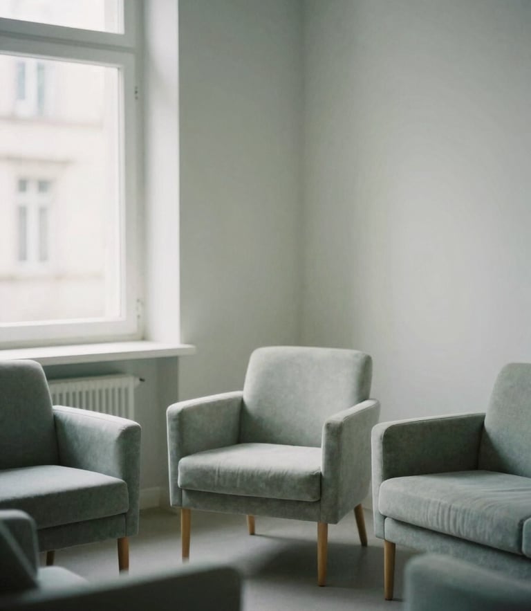 Soft editorial photography of a quiet sunlit consulting room in Grenoble, muted sage and slate tones, shallow depth of field, 35mm
