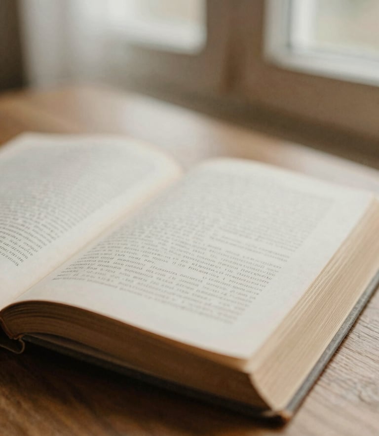 A close-up of worn book pages resting on a wooden table, soft morning window light filtering through, shallow depth of field, warm nostalgic tones.