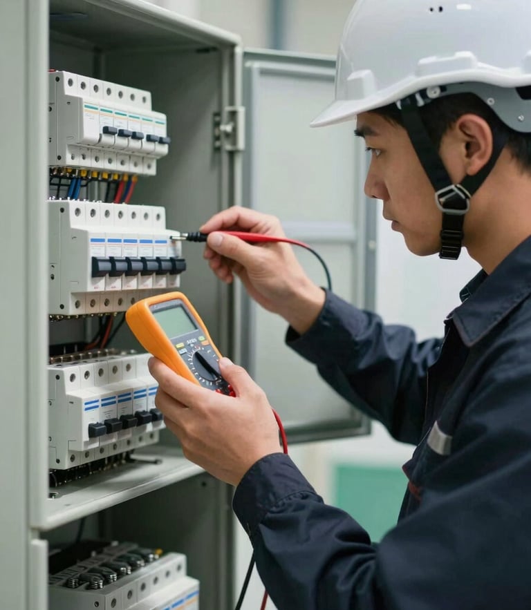 A technician in a clean dark uniform with a safety helmet systematically testing a circuit breaker panel using a digital multimeter, bright natural daylight