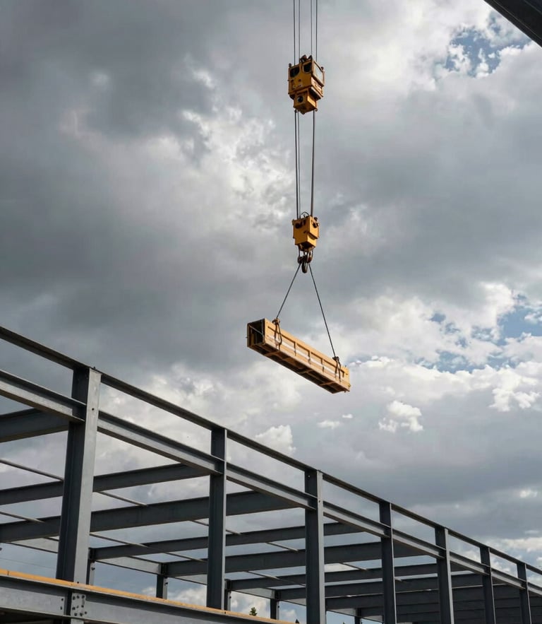 Low-angle hero shot of structural steel framing being hoisted by a crane against a dramatic, overcast Wyoming sky, high-contrast, hard directional sunlight.