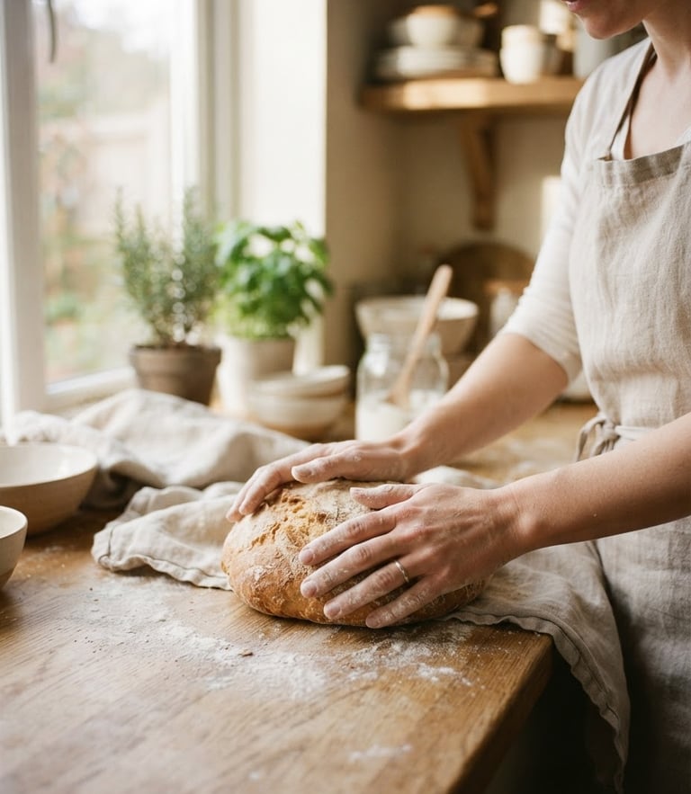 Hands preparing warm bread in a sunlit kitchen, soft natural window light, gentle earth tones, 35mm film