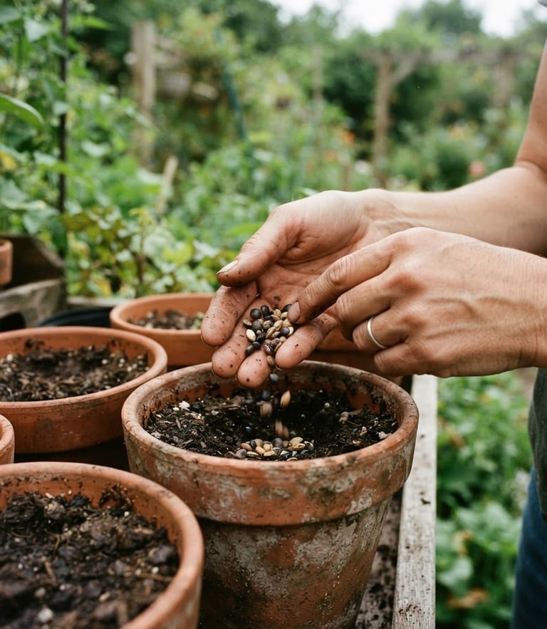 Tactile close-up of hands holding heirloom seeds over terracotta pots, soft overcast outdoor daylight, shallow depth of field, 35mm film.