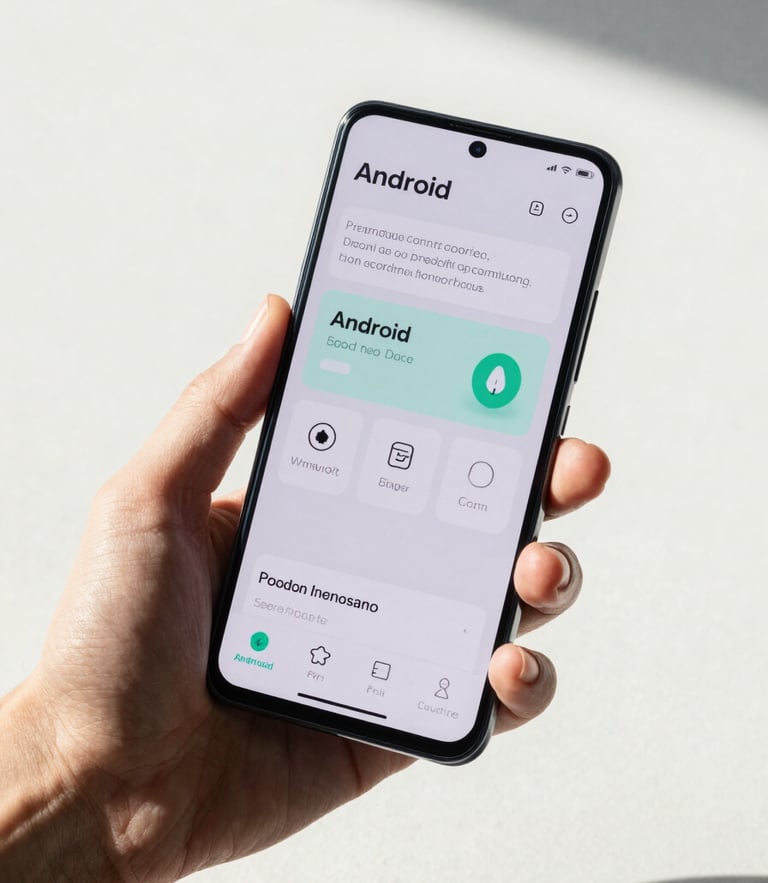 Crisp product photography of a hand holding a modern Android phone showing a clean user interface, bright natural daylight, slate background, 50mm lens