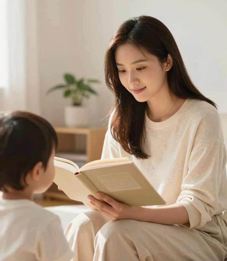 Warm editorial photography of a young educator reading a book to a toddler in a sunlit room, soft natural daylight, gentle pastel and cream tones, shallow depth of field, 35mm