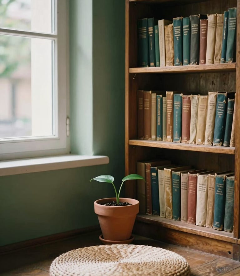 Warm editorial photography of a quiet, sunlit corner inside the Bucharest spiritual center. Soft window light illuminates aged wooden bookshelves filled with old volumes, a small terracotta pot with a green leaf, and a woven meditation cushion on the floor. Shallow depth of field, organic textures, 35mm film style.