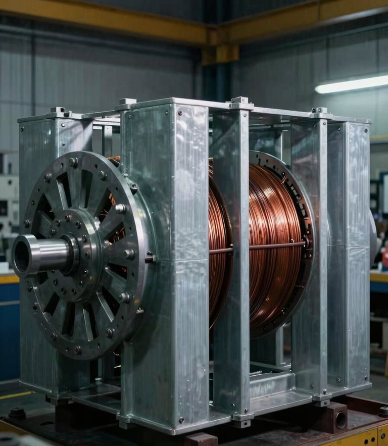 Industrial engineering photo of a massive transformer core, copper winding visible, dramatic high-contrast workshop lighting, cool steel tones, sharp focus.