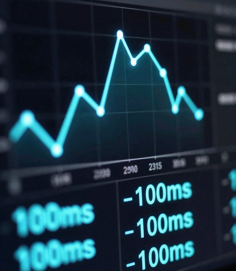 Macro screen shot of a dark-mode real-time latency dashboard, glowing electric-cyan metrics showing sub-100ms response times, structural node lines in the background.