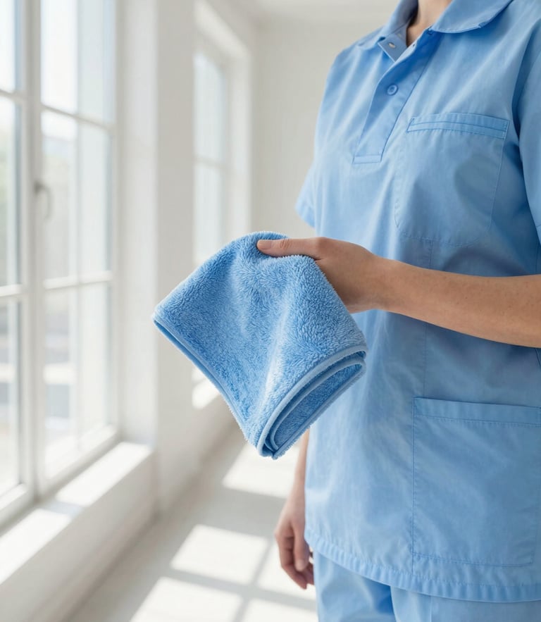 Bright clean photography of a professional cleaning specialist in a crisp slate-blue uniform, holding a fresh microfiber cloth, standing in a sunlit modern DC townhouse hallway. Soft morning window light, crisp reflections, white and soft blue tones, 35mm lens.