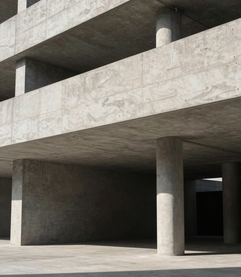 Wide environmental shot of a modern architectural concrete structure showing bold geometric lines and protective overhead support, sharp shadows, high-contrast natural light.