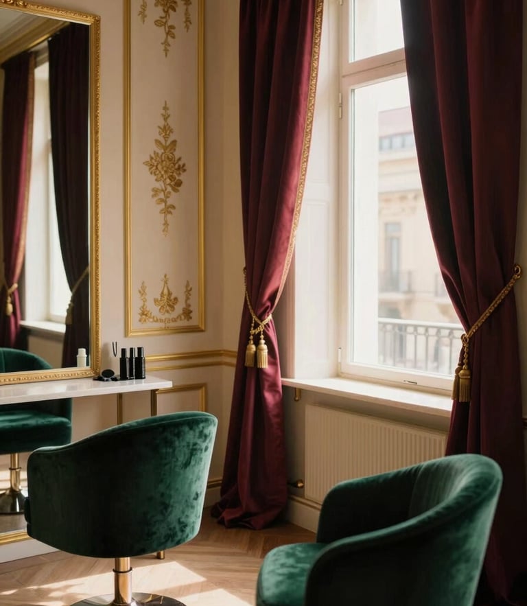 Warm editorial photography of a luxury haute couture salon, soft golden-hour window light, velvet emerald chairs, silk drapes, detailed gold embroidery frames on the wall, 35mm