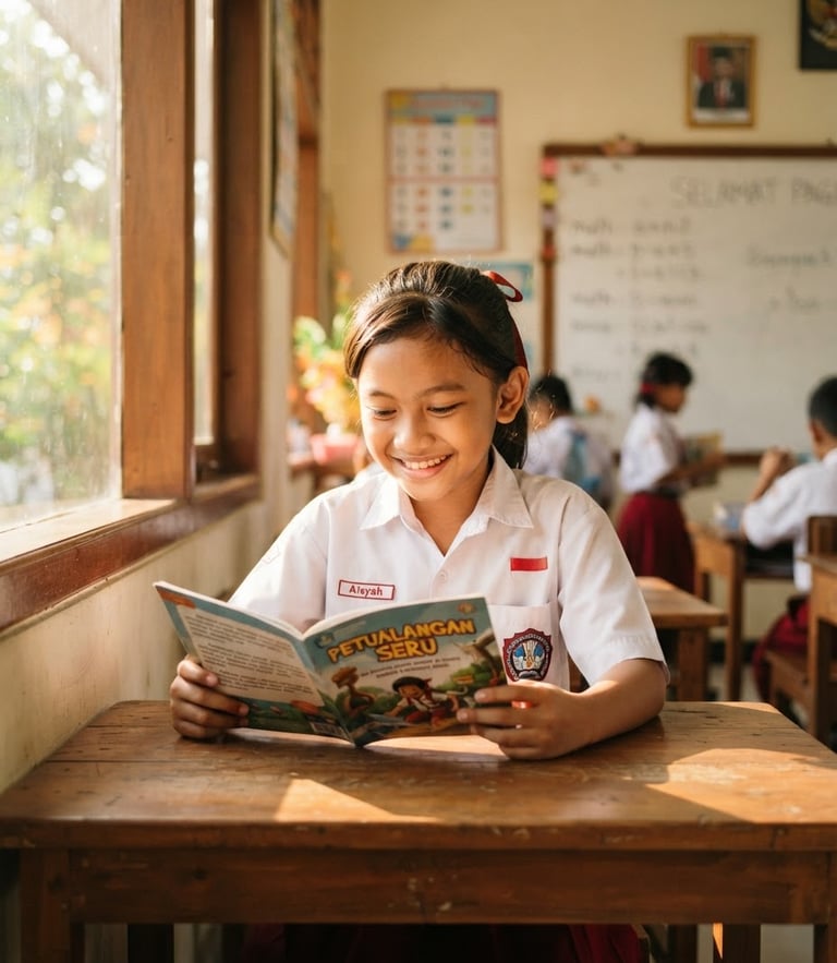 A young Indonesian student in a neat school uniform smiling warmly while reading a book in a bright classroom, natural morning sunlight streaming through a window, soft depth of field.
