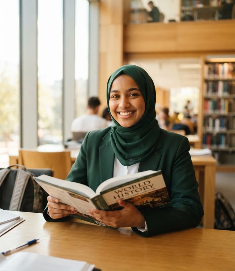 Candid medium shot of a young Muslim student in a green uniform smiling warmly while holding an open book in a bright, sunlit modern library.