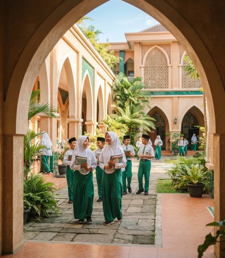 Bright editorial photography of a modern Islamic school courtyard in Bandung, soft morning sunlight, architectural arch details, warm sand and emerald tones.