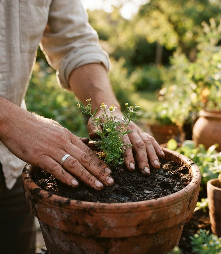 Warm editorial 35mm photography of soil-stained hands gently pressing earth around a vibrant chamomile seedling, sun-dappled golden-hour light, shallow depth of field, tactile botanical textures