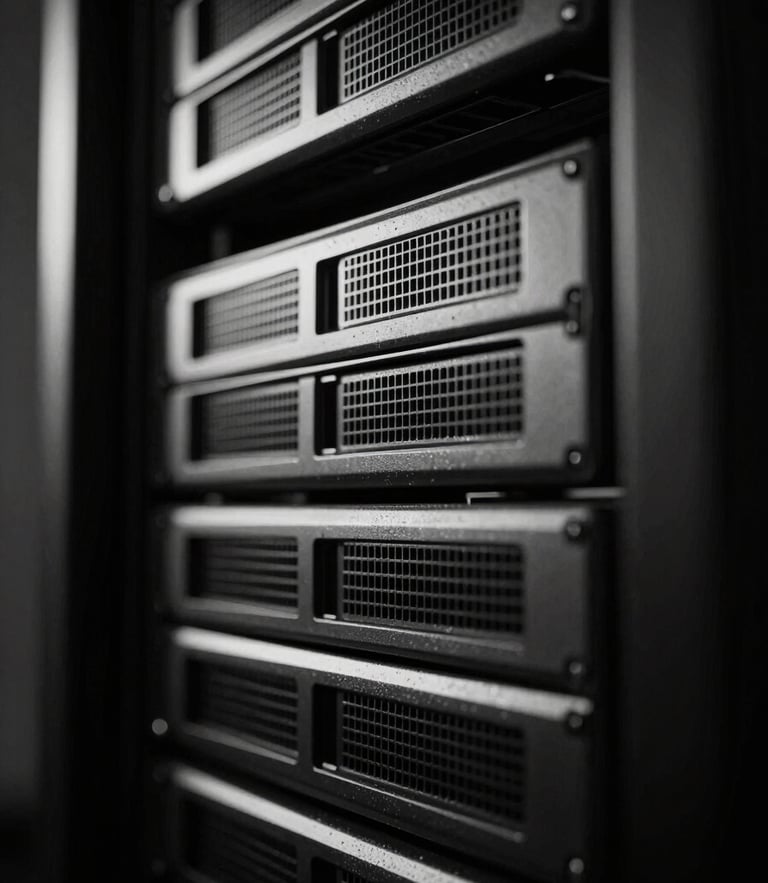 Extreme close-up of a high-end server rack with sharp metallic reflections, dramatic low-key chiaroscuro lighting, stark monochrome photography, 35mm film.