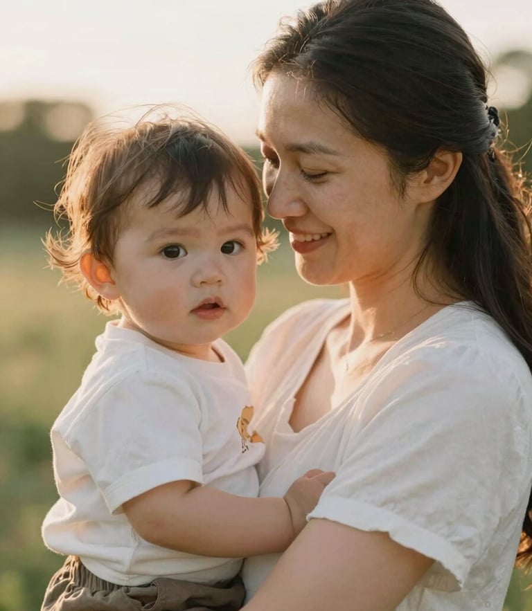 Intimate portrait of a mother and toddler in soft golden hour light, shallow depth of field, natural expressions, warm tones, Columbus outdoor setting.