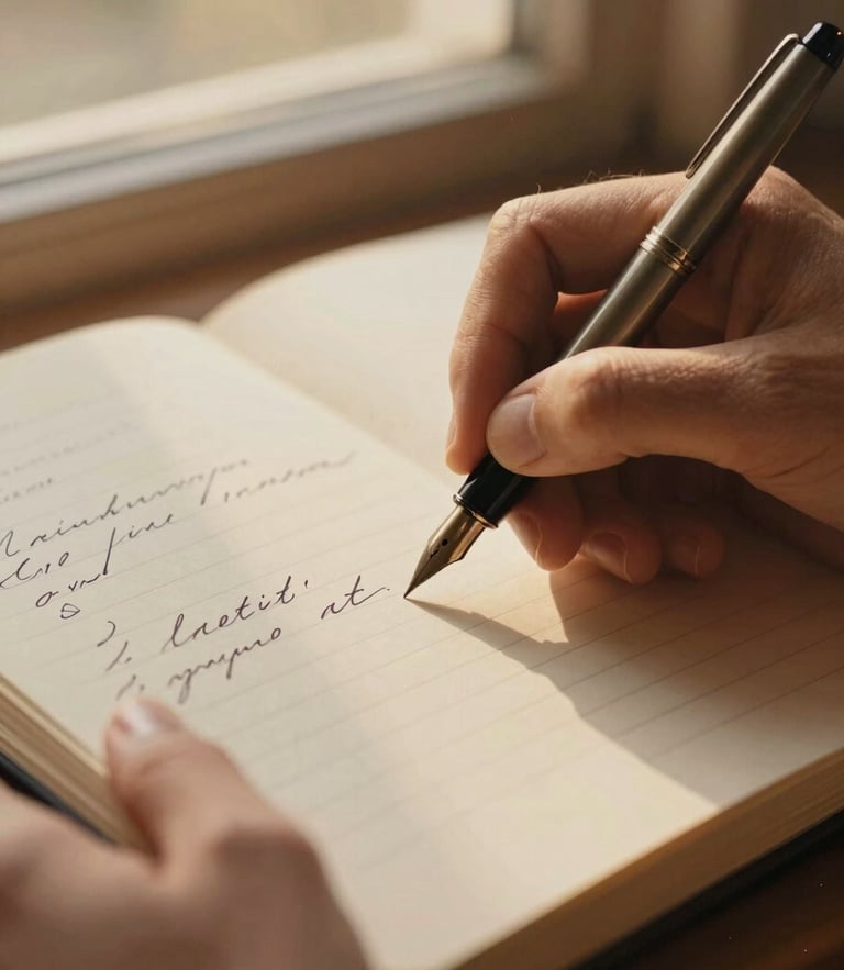Close-up of hands writing lyrics with a fountain pen on textured paper, warm golden-hour window light, shallow depth of field, vintage songwriting notebook aesthetic