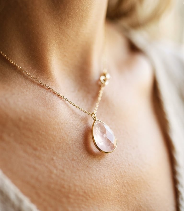 Macro shot of a delicate gold necklace with a luminous rose quartz pendant catching soft morning daylight on warm skin, shallow depth of field