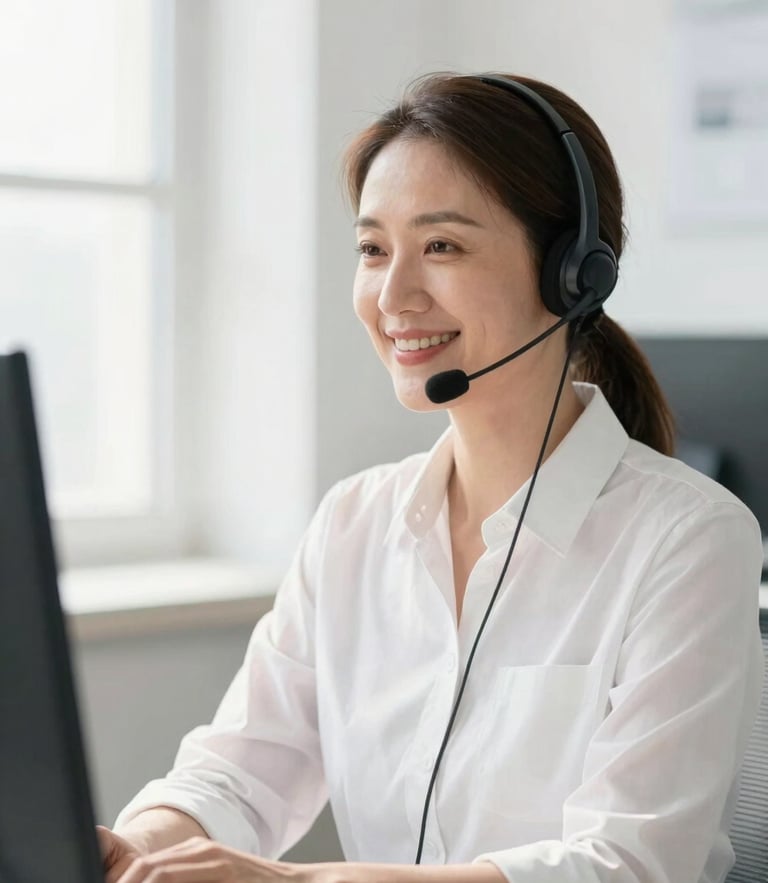 A friendly, middle-aged female technician wearing a professional USB headset, smiling warmly in a bright, sunlit clean office, natural daylight, professional high-key photography, shallow depth of field, 35mm