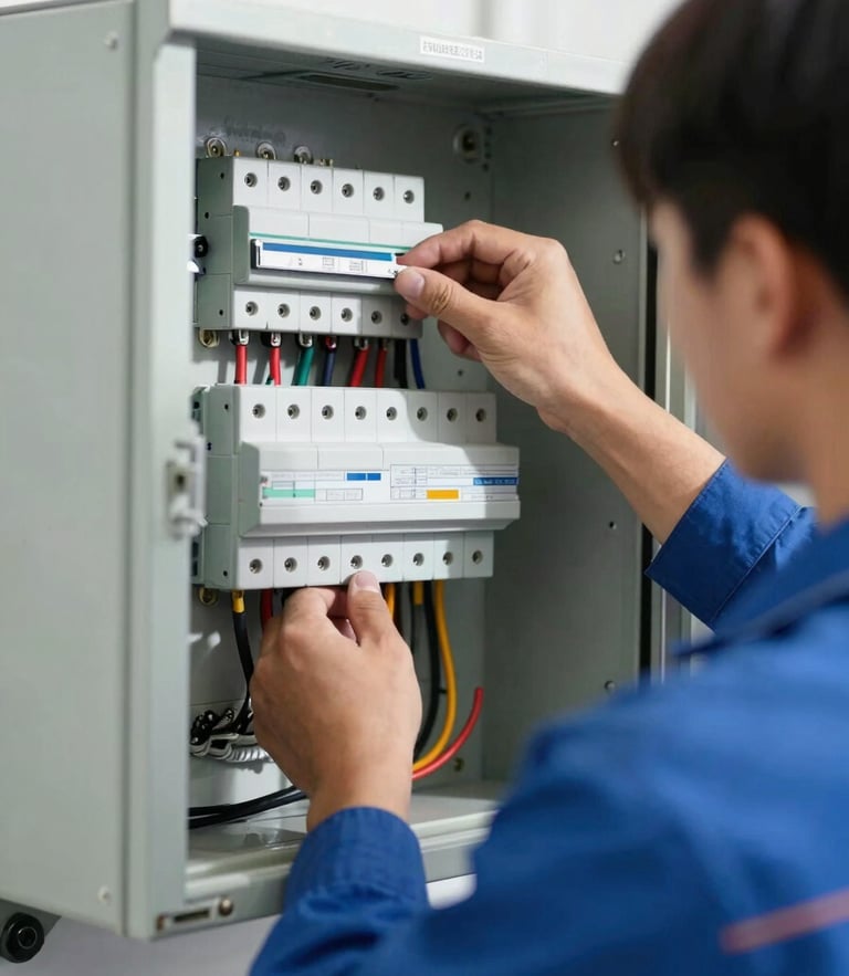 Close-up of a licensed technician in a clean uniform wiring an electrical panel, bright natural daylight, sharp focus, 35mm lens.
