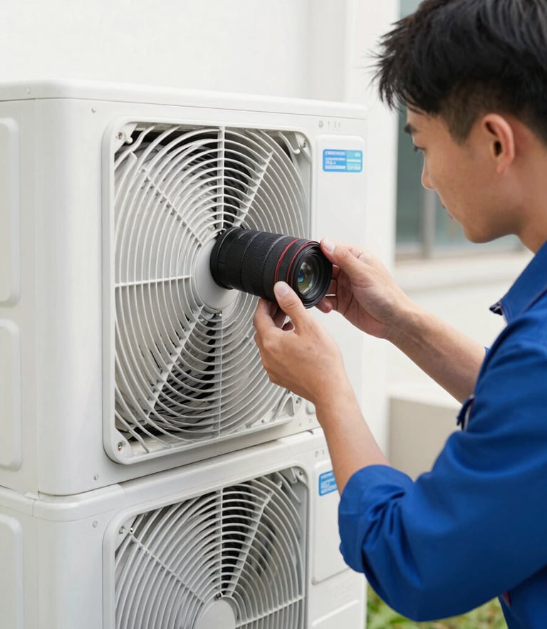 Close-up of a professional technician in a clean uniform repairing a modern HVAC unit, crisp daylight, sharp focus, 35mm lens