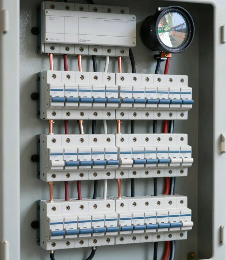 A neatly organized electrical panel with clean copper wiring and circuit breakers, bright industrial work light, sharp focus, 35mm lens