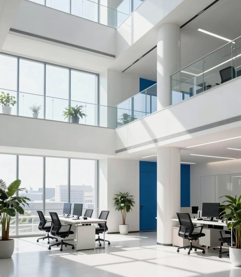 High-exposure corporate photography of a bright, sunlit modern office atrium with clean glass lines and professional atmosphere, 35mm lens