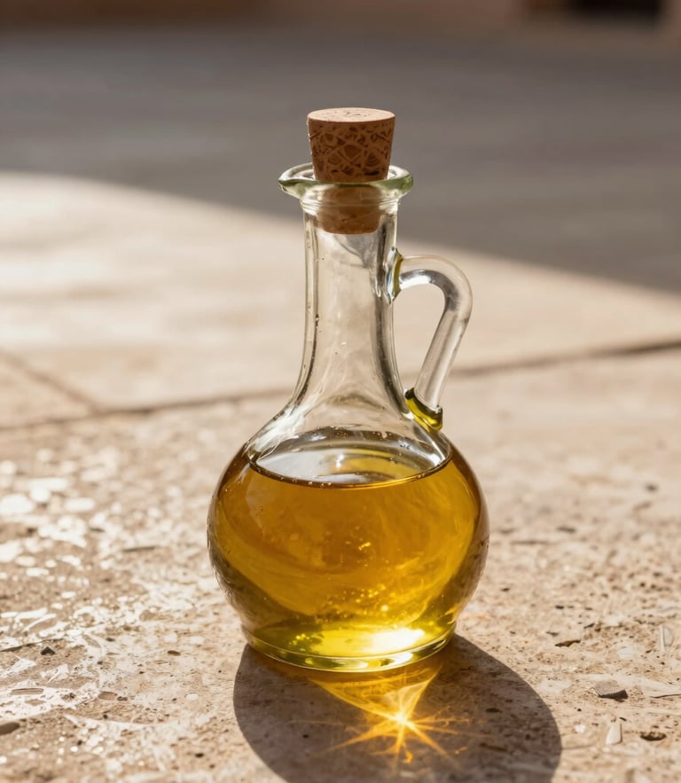An elegant glass bottle of oil reflecting low-angle golden hour light on a textured stone surface, warm Moroccan shadows.