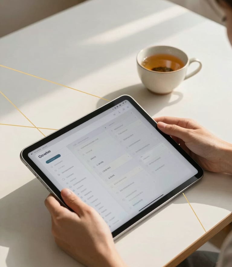 A minimalist workspace bathed in soft, warm natural light. Hands hold a tablet displaying a clean, elegant dashboard next to a ceramic cup of herbal tea. Subtle golden geometric lines are overlaid gently on the scene, creating a mystic yet highly professional atmosphere.