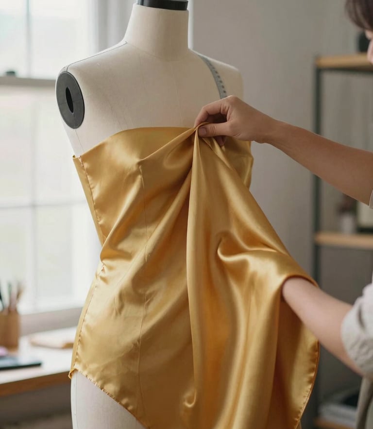 Warm editorial photo of a tailor draping rich marigold silk over a dress form, soft natural window light, shallow depth of field, 35mm