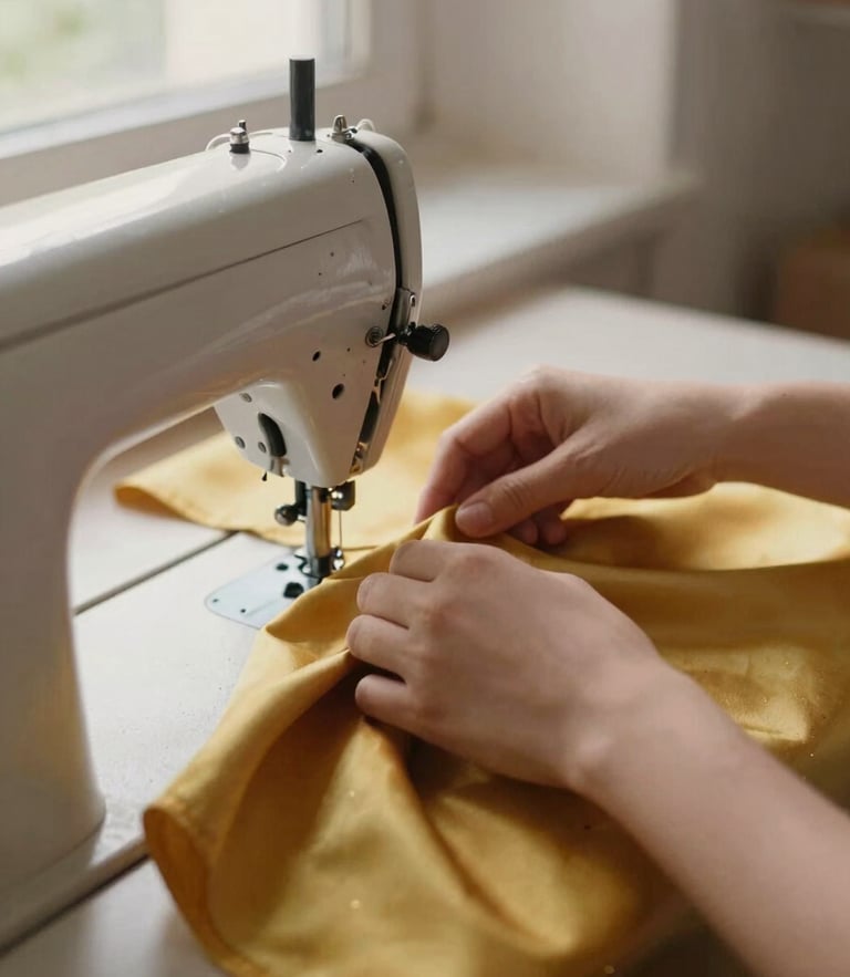 Close-up of hands guiding rich marigold silk fabric through a vintage sewing machine, warm natural workshop light filtering through windows, shallow depth of field, 35mm