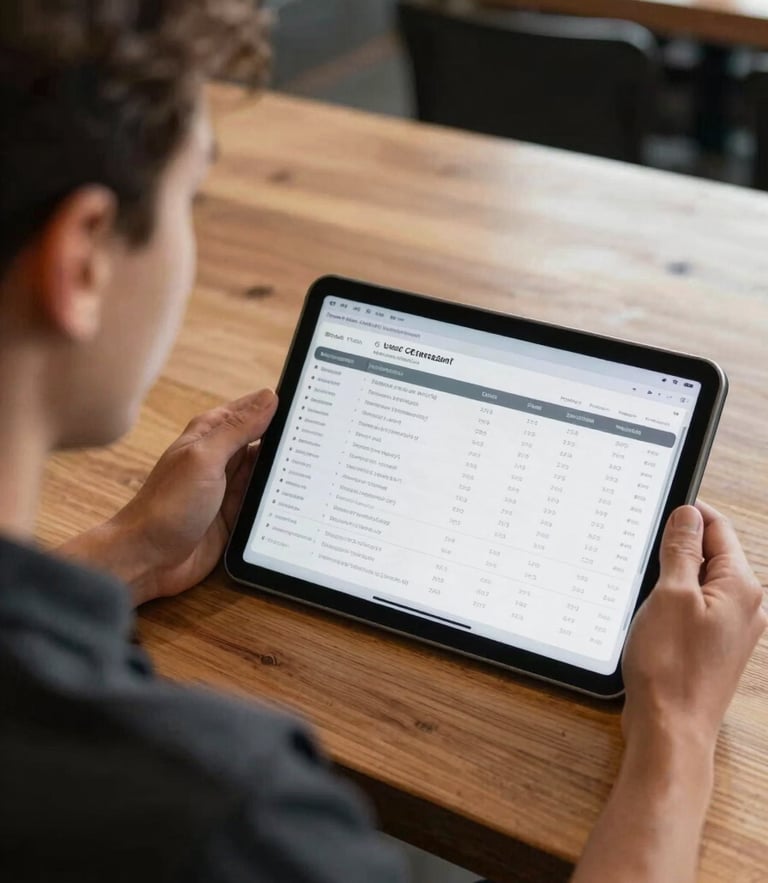 Over-the-shoulder shot of a restaurant owner looking at a clean sales dashboard on a tablet resting on a wooden countertop, natural daylight, sharp focus.