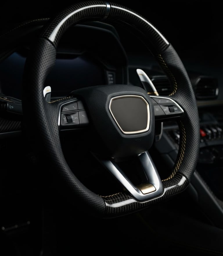 Low-angle close-up of a luxury steering wheel with gold stitching, dramatic low-key studio lighting, metallic highlights, dark moody tones