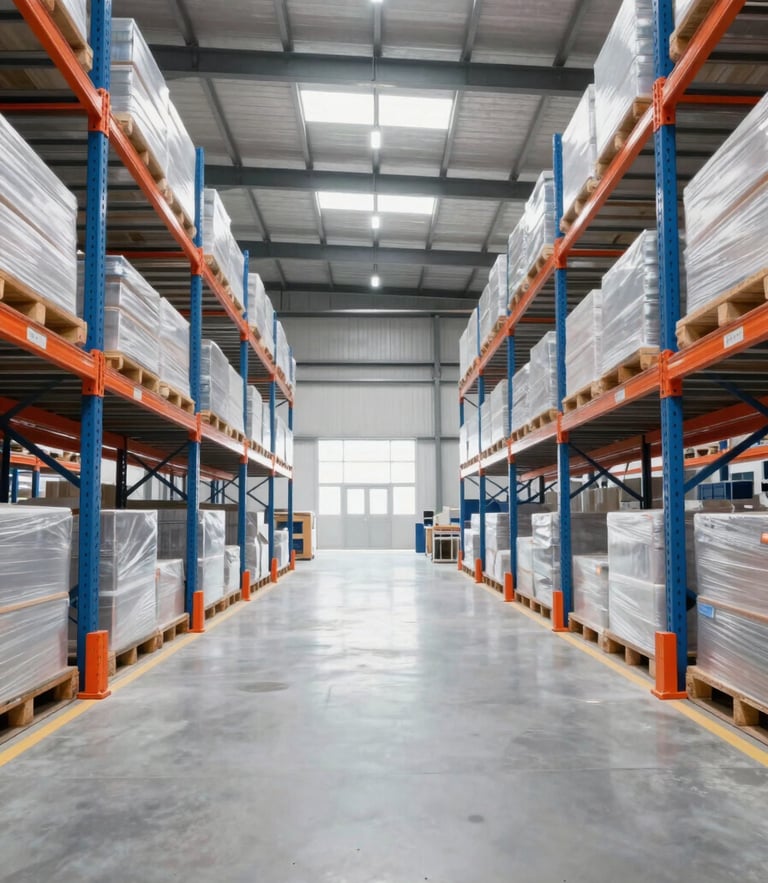 Wide shot of a clean modern high-ceiling warehouse with selective racks, bright daylight, professional industrial environment