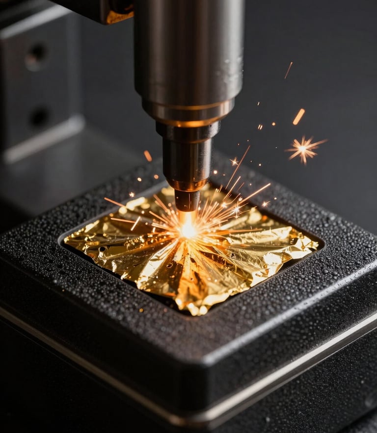 Macro portrait shot of a metal hot-stamping die pressing gold foil onto a textured black box lid, sparks of light, dramatic dark studio lighting.