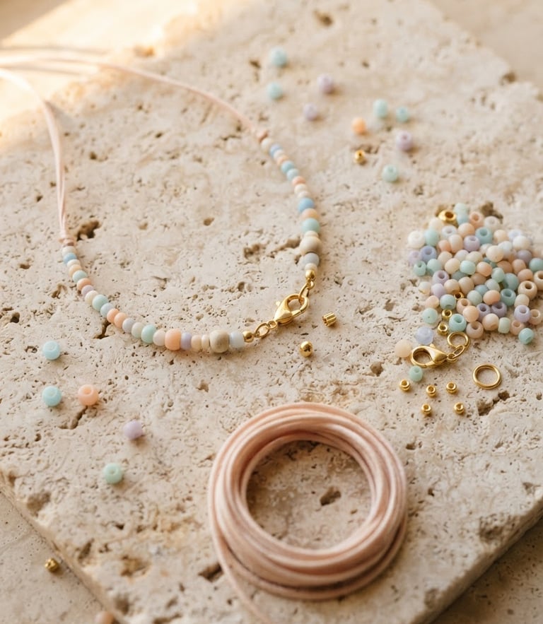 Overhead flat-lay of delicate pastel beads, gold clasps, and a silk cord on raw travertine stone, warm golden-hour window light