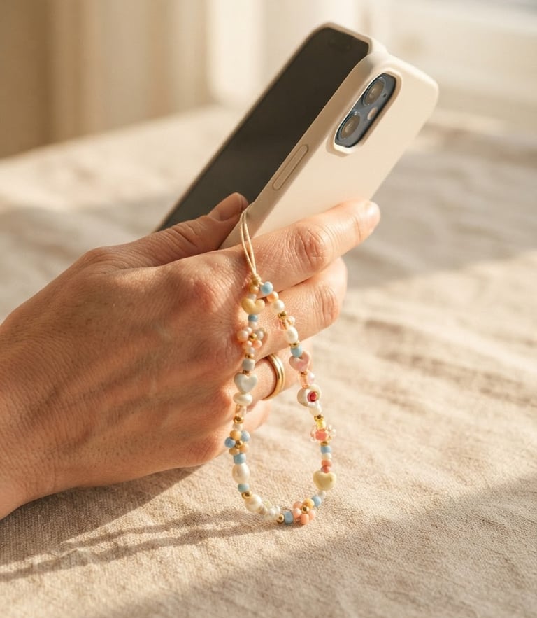 Close-up of a hand holding a smartphone adorned with a delicate beaded phone charm, soft golden-hour window light casting gentle shadows on a linen background.