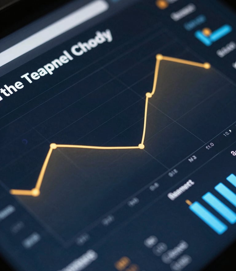 High-fidelity dark-themed business intelligence dashboard with gold and blue data visualization curves, sharp UI typography, angled macro crop, dramatic low-key lighting.