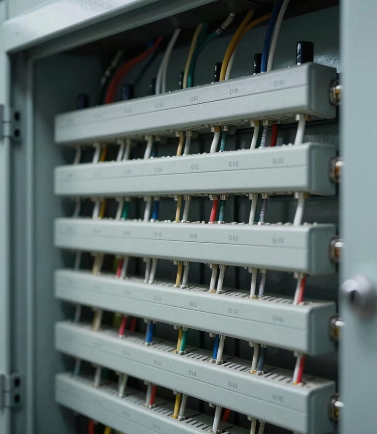 A close-up of an impeccably organized marine electrical panel, cool-toned daylight, wires labeled and routed in clean parallel lines, clinical focus.