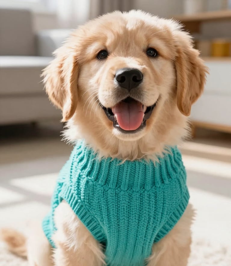 A joyful golden retriever puppy wearing a vibrant teal handmade sweater, sitting happily in a bright, sunlit living room, eye-level close-up, sharp focus.
