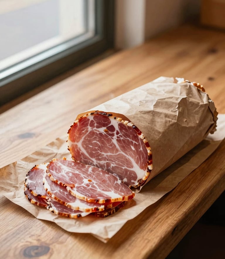 Freshly sliced deli meats wrapped in brown butcher paper on a wooden counter, soft daylight streaming from a storefront window, warm tones, high-angle portrait shot.